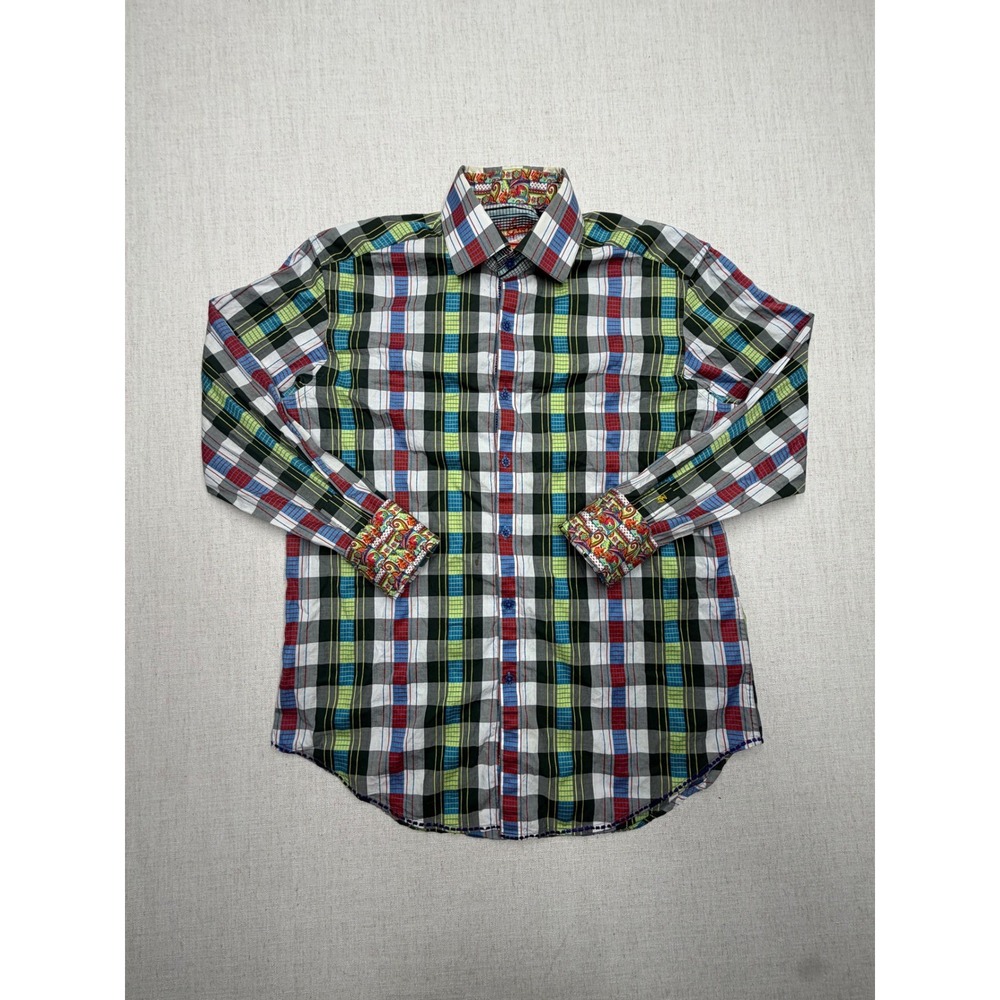 Robert Graham Mens Plaid Button Down Shirt Multi Color Paisley Trim Size M